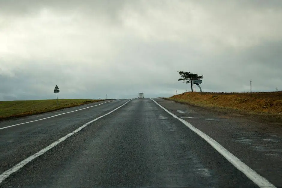 An empty road stretches into the distance under a cloudy sky with a single truck visible on the horizon.