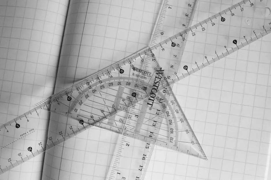 Monochrome photo of rulers and protractor on graph paper, emphasizing geometry.
