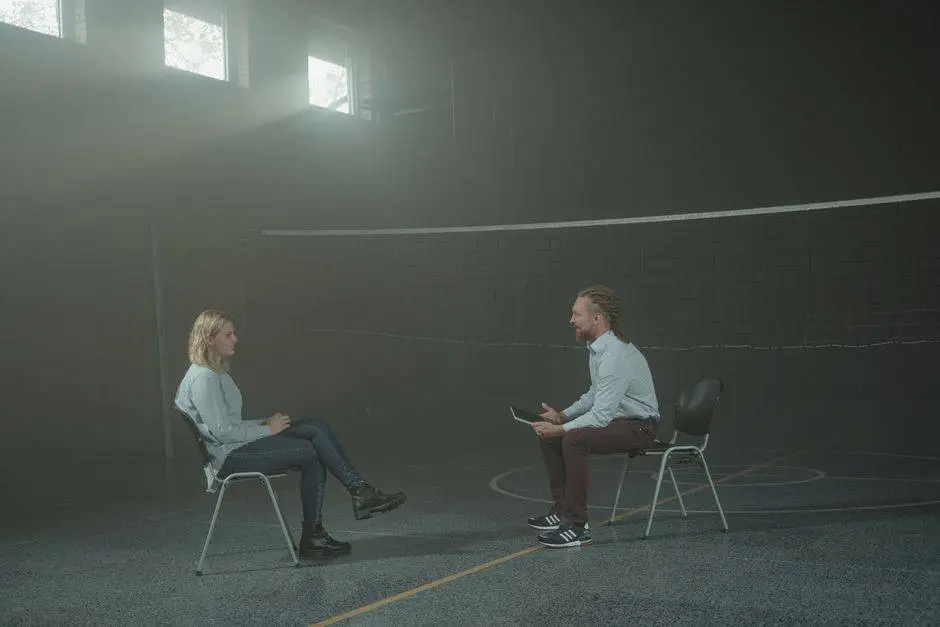 A man and a woman engage in a therapy session in a smoky indoor setting, sitting apart in a large room.