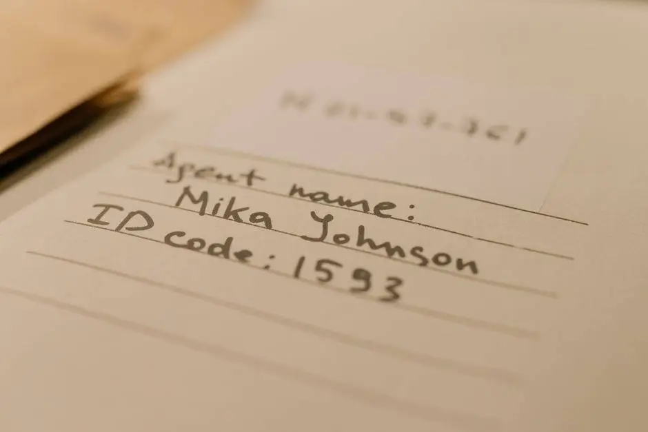 Handwritten document with agent name and ID code, showcasing personal handwritten text.