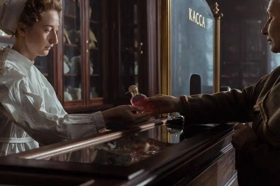 A vintage scene of a pharmacist handing a mysterious red bottle to a customer in an old-style pharmacy.
