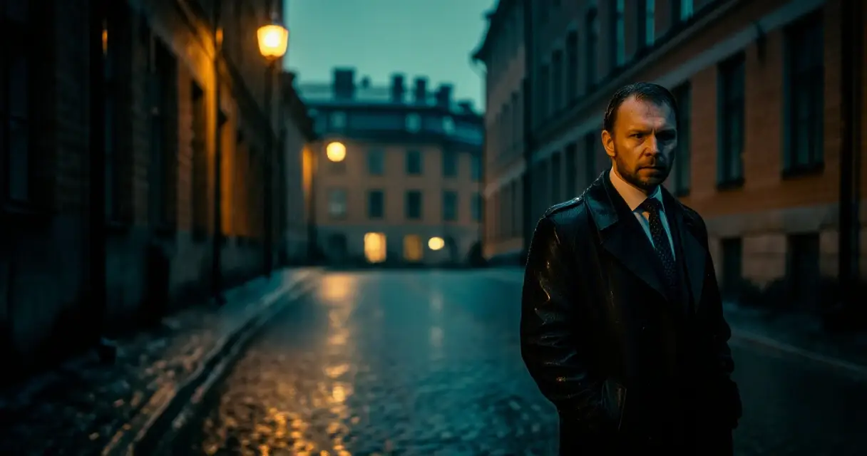 Norjalainen rikosetsivä Oslon sateisilla kaduilla yöllä – Nordic Noir -tunnelma
