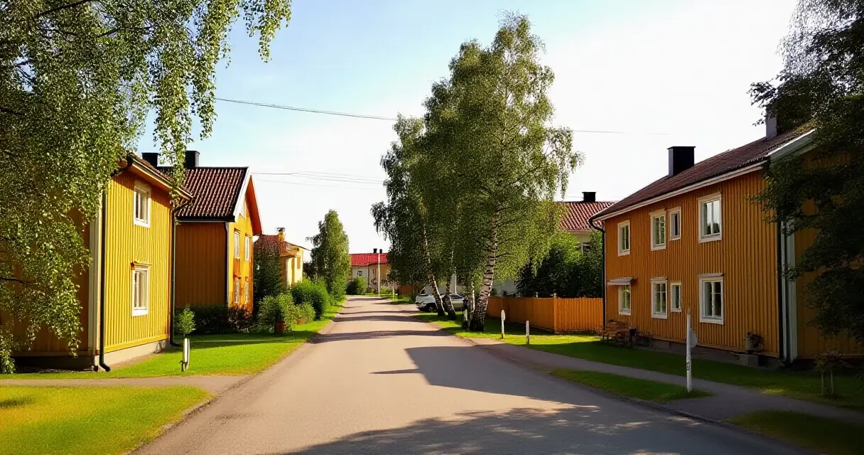 Rauhallinen suomalainen asuinkatu koivuineen kes&auml;isess&auml; auringonpaisteessa