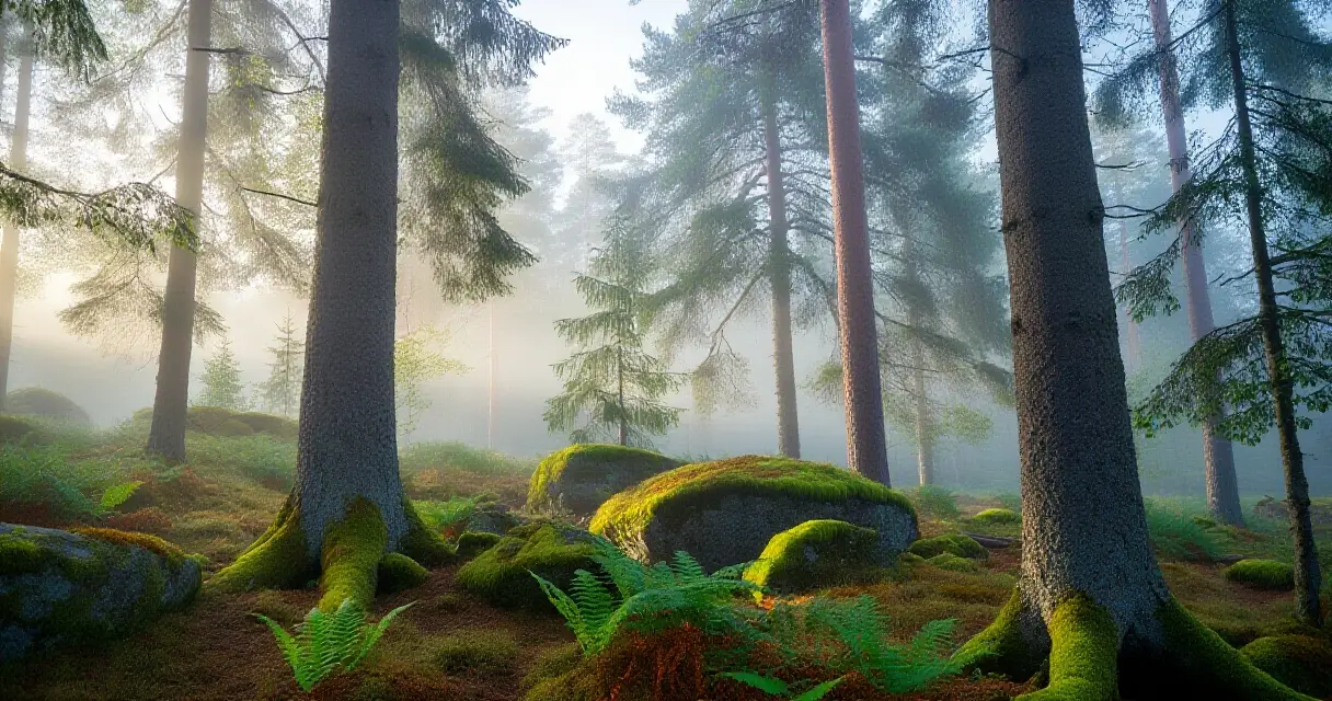 Suomalainen metsämaisema, joka muistuttaa Rölli-sarjan tunnelmaa