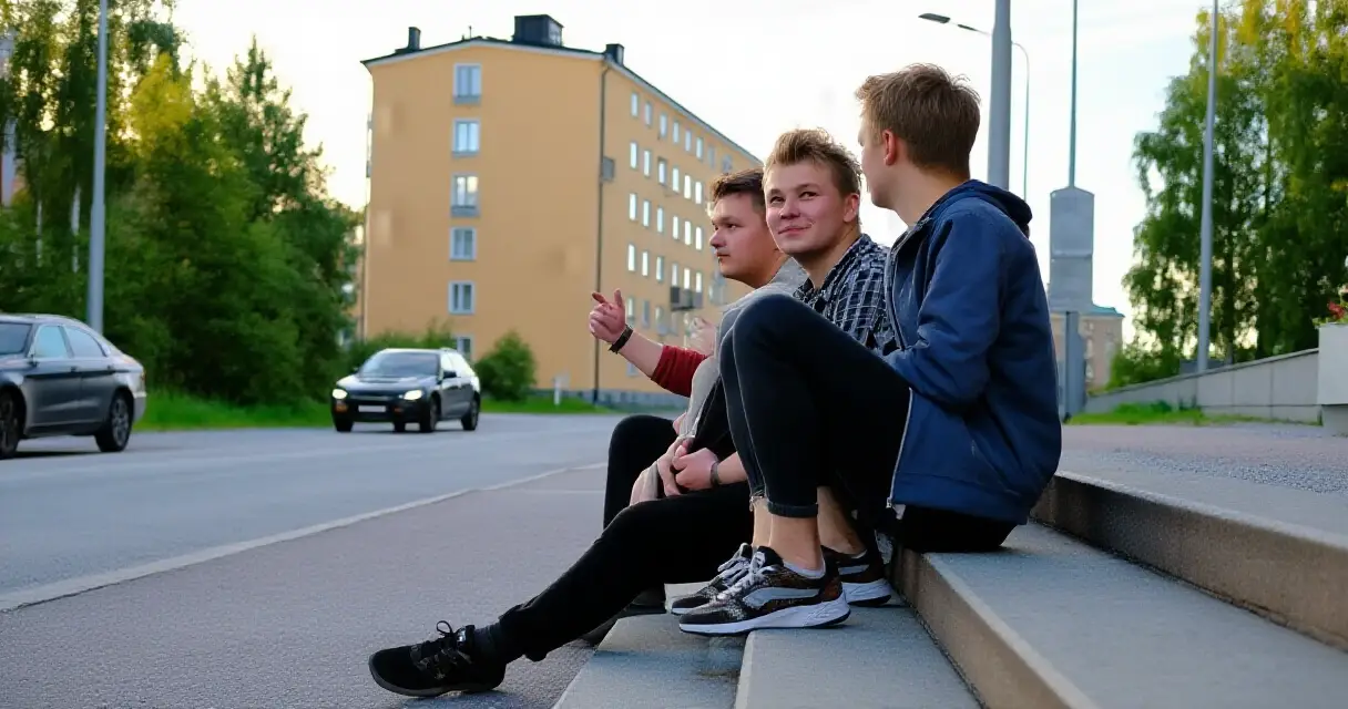 Kolme nuorta miestä istumassa betoniporraskäytävällä kaupunkilähiössä