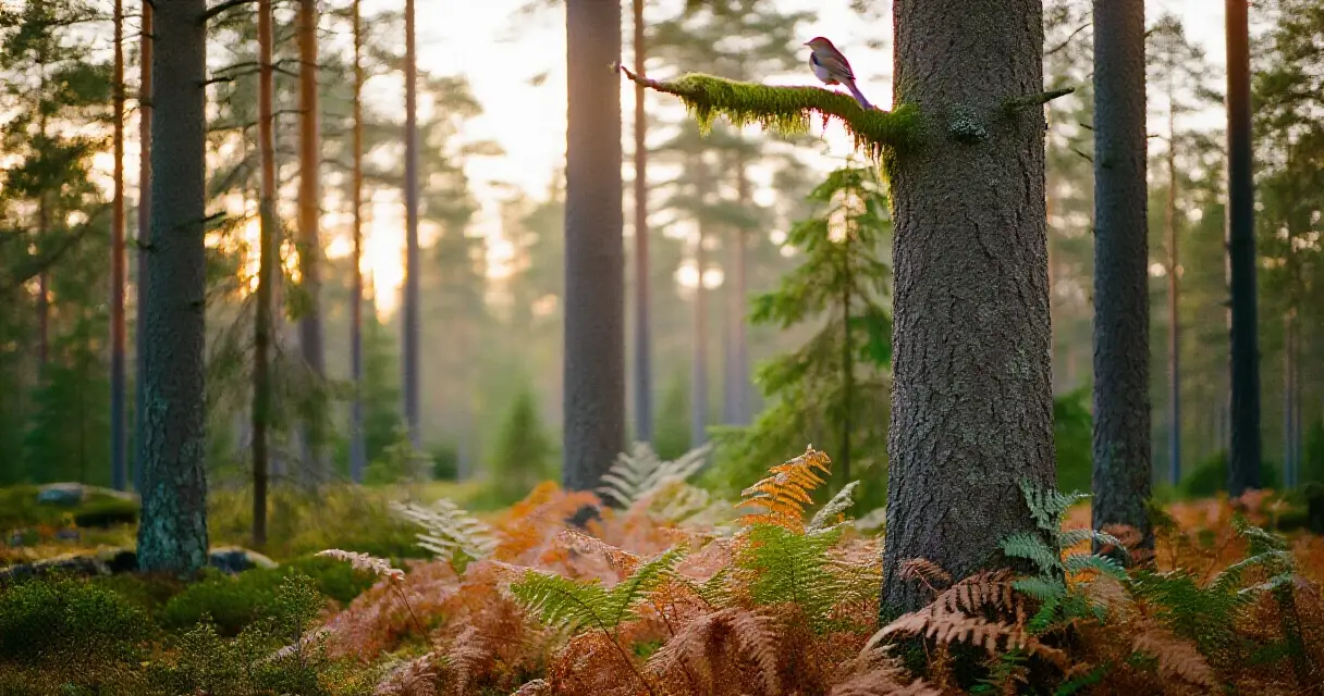 Suomalainen metsämaisema syksyllä, pieni lintu oksalla